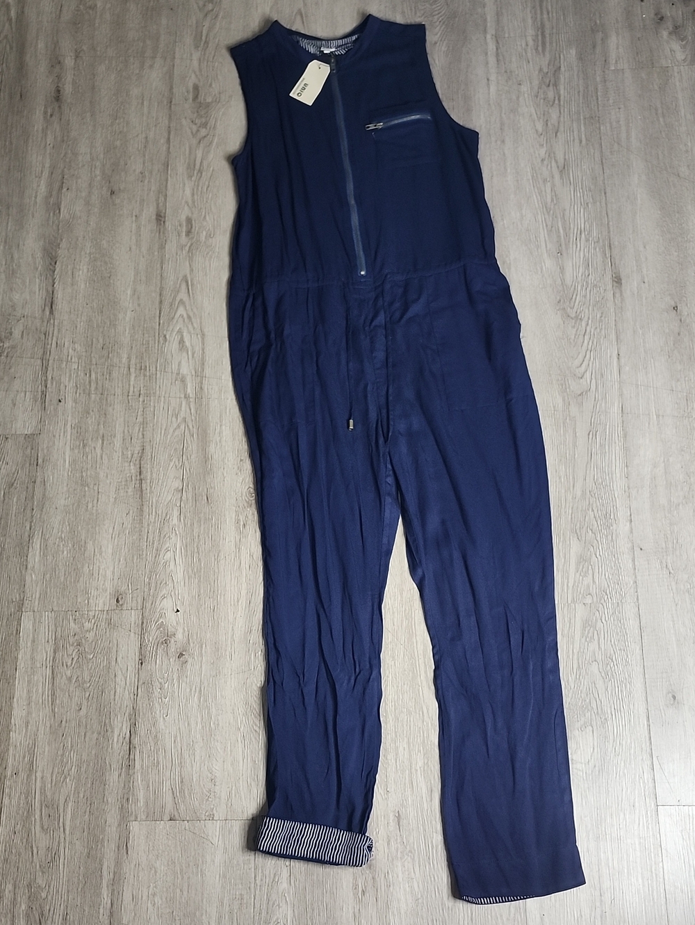 Sleeveless Navy Zip-Front Jumpsuit with Drawstring Waist